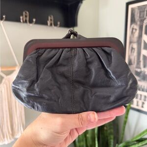 VTG 50s Italian Leather Black Coin Purse Clutch with Lucite Trim Handle